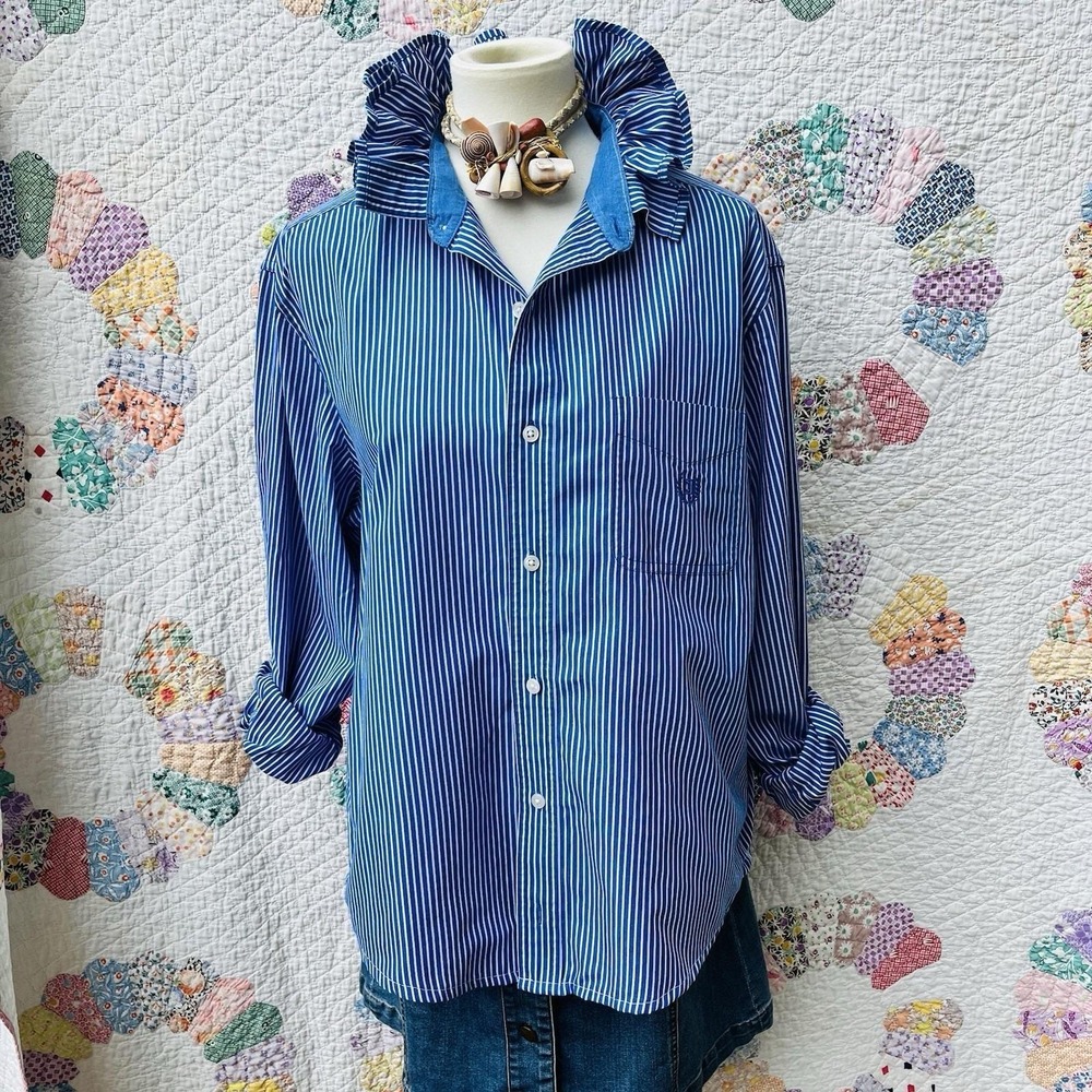 Upcycled Re-worked Chaps Blue & White Prep Pajama Stripe Ruffle Collar Shirt XL